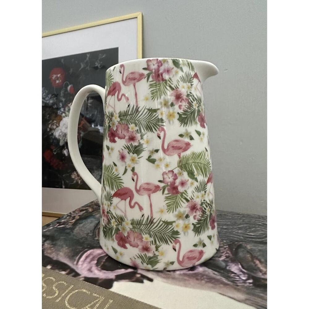 Grace Fine Porcelain Flamingo Pitcher W/ A Tropical Palms & Hibiscus Desig - Picture 2 of 6